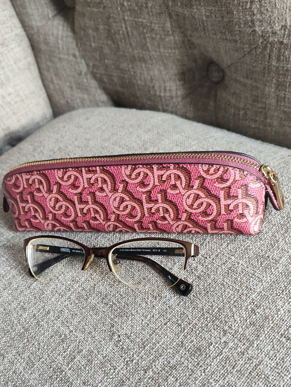 Coach Pink Brown Logo All Purpose Zippered Case With Leigh Dark Tortoise Glasses